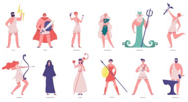 Ancient olympic gods. Greek gods and goddesses, zeus, poseidon, athena, dionysus and ares. Olympic gods cartoon characters vector illustration set vector Ancient olympic gods. Greek gods and goddesses, zeus, poseidon, athena, dionysus and ares. Olympic gods cartoon characters vector illustration set vector