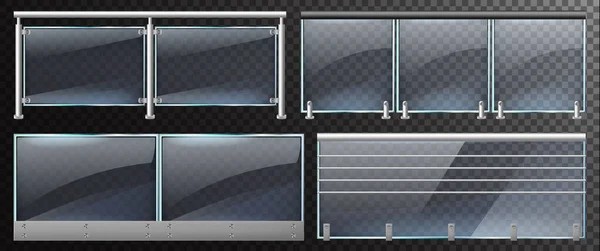 Recinzioni di vetro realistiche. Scala domestica o balcone balaustra di vetro con ringhiere in acciaio vettoriale illustrazione. Balaustra in vetro con pilastri in metallo — Vettoriale Stock