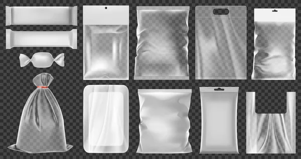 Realistische plastic verpakking. Lege vacuüm plastic containers, schone polytheen verpakking vector illustratie set. Transparante 3d plastic zakken — Stockvector