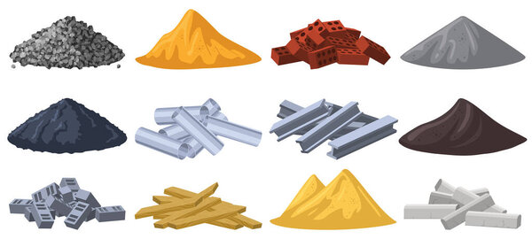 Строительные материалы. Сваи строительных материалов, гравий, песок, кирпичи и щебень. Множество изолированных векторных иллюстраций строительных материалов