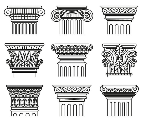 Древние греческие столицы. Архитектурные порядки, ионные и дорические античные классические столицы изолировали набор векторных иллюстраций. Гравированные ордена греческих и римских колонн