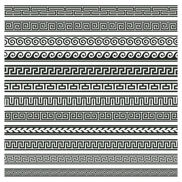 Ancient greek borders. Greek roman meander and wave decorative seamless patterns vector illustration set. Greek geometric meander borders — Stock Vector