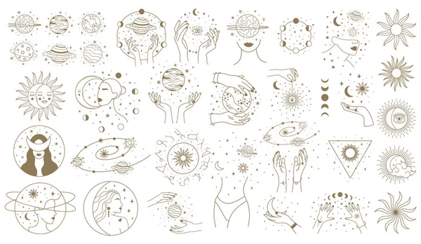 Mistik astroloji elementleri. Sihirli uzay nesneleri, gezegenler, dişi eli olan yıldızlar ve vektör çizimleri. Minimalist kadın kozmik nesneler