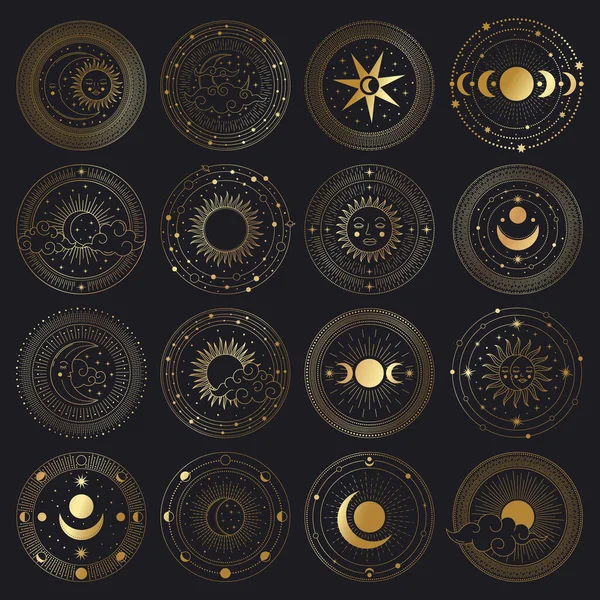 Sol mágico y círculo lunar. Marcos de círculo ornamentado oro sagrado, sol, luna y nubes vector conjunto de símbolos de ilustración. Elementos místicos del cielo nocturno — Vector de stock