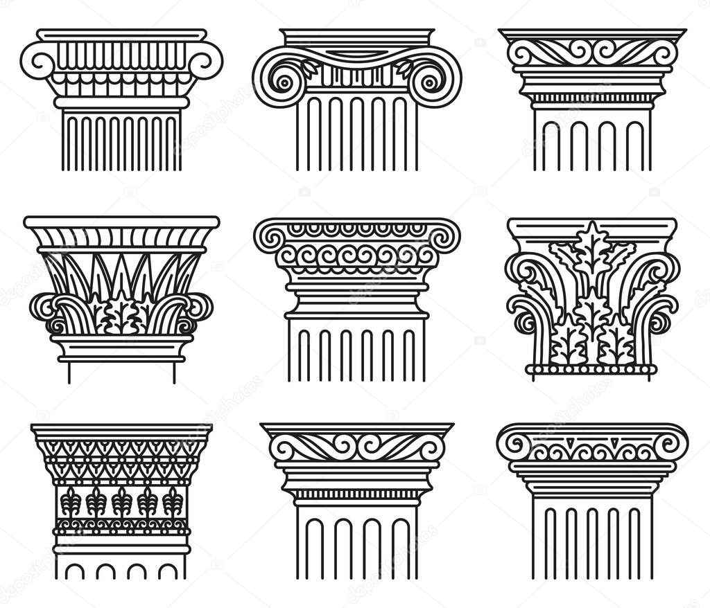 Ancient greek capitals. Architectural orders, ionic and doric antique classical capitals isolated vector illustration set. Greek and roman engraved pillar orders