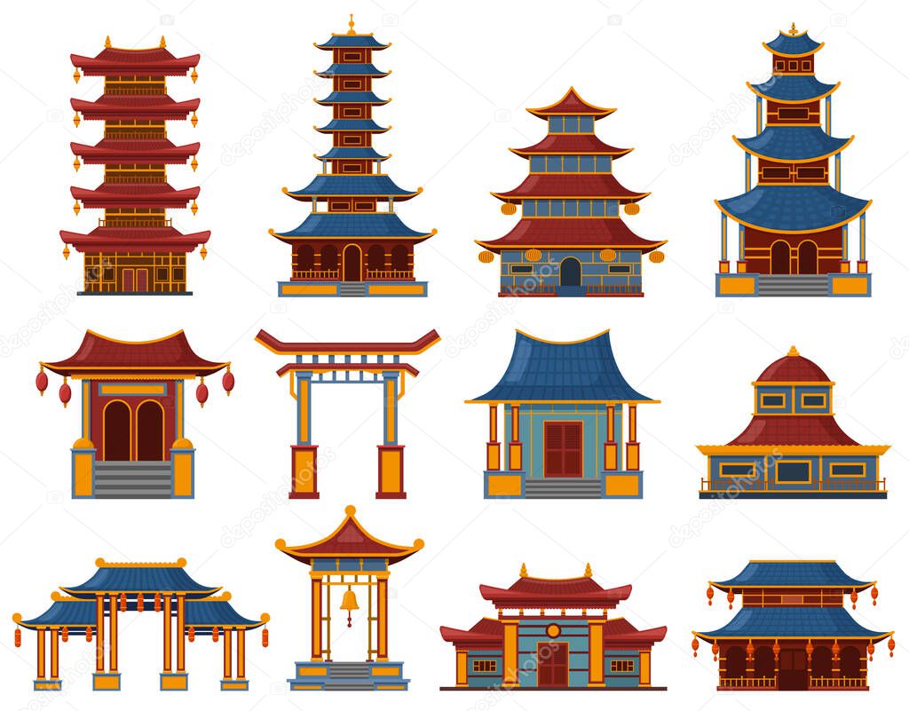 Chinese buildings. Architectural asian temples, palaces and pagoda houses, china cultural objects vector illustration set. Oriental traditional buildings