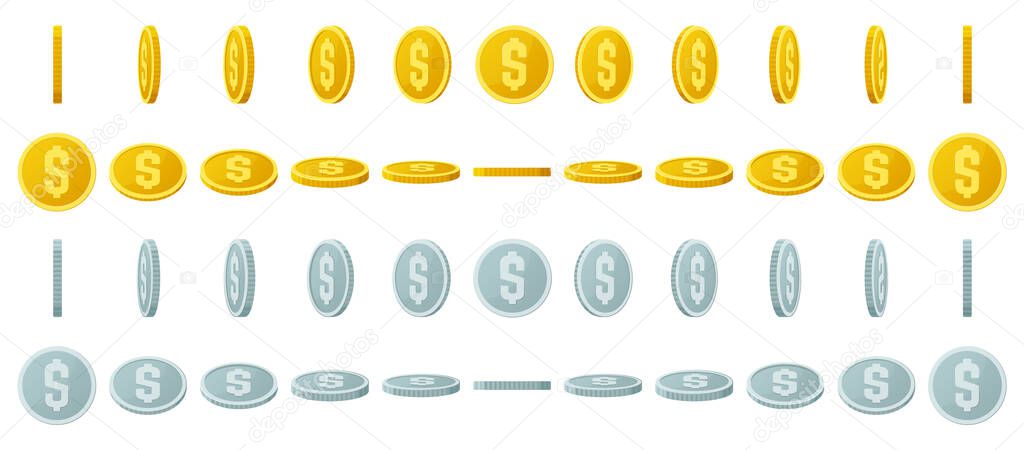 Gold coins animation. Spin gold and silver coins, shiny gambling coins rotation for game interface vector illustration set. Rotating jackpot coins