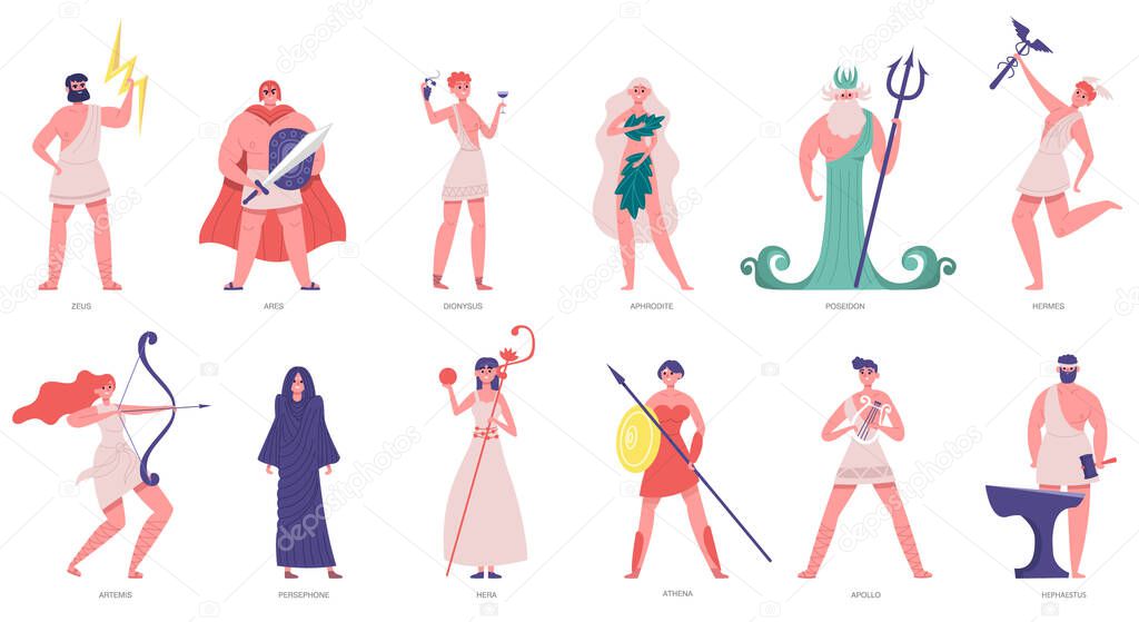 Ancient olympic gods. Greek gods and goddesses, zeus, poseidon, athena, dionysus and ares. Olympic gods cartoon characters vector illustration set