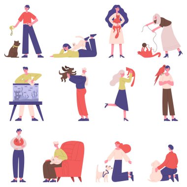 Hayvan sahipleri. Evcil hayvanları olan insanlar, kedi, köpek, balık ve kuş, erkekler ve kadınlar oynuyor, yürüyor ve evcil hayvan vektör çizimleri yapıyor. Günlük hayvan sahibi hayatı