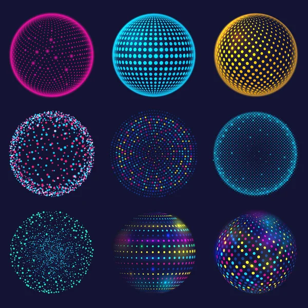 Tečkovaná neonová 3d koule. Abstraktní atomové tečkované koule, 3D mřížka zářící sférické tvary vektorové ilustrace. Digitální neonové koule — Stockový vektor