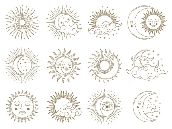 Luna e sole magici. Elementi di astrologia boho dorata, sole, luna, stelle e nubi insieme illustrazione vettoriale. Simboli mistici di astrologia giorno e notte — Vettoriale Stock