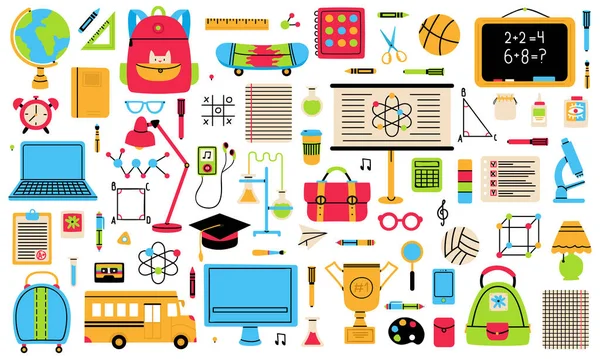 Volvamos a los elementos escolares. Escuela dibujado a mano símbolos, globo, autobús escolar, mochila y bloc de notas conjunto de ilustración vectorial aislado. Placas de educación escolar — Vector de stock