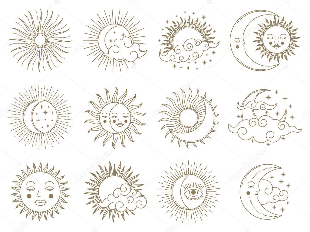 Magical moon and sun. Golden boho astrology elements, sun, moon, stars and clouds vector illustration set. Mystical astrology day and night symbols