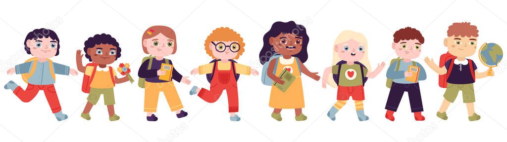 Anak-anak pergi ke sekolah. Anak laki-laki dan perempuan pergi ke sekolah dasar, murid bahagia dengan ransel vektor set ilustrasi. Murid sekolah dasar — Stok Ilustrasi Anak-anak pergi ke sekolah. Anak laki-laki dan perempuan pergi ke sekolah dasar, murid bahagia dengan ransel vektor set ilustrasi. Murid sekolah dasar Stok Ilustrasi