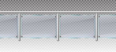 Gerçekçi cam çit. Metal parmaklıklı cam balkon, balkon ya da teras pleksiglas eskrim 3D vektör illüstrasyonlu. Cam balystrade. Eskrim terası, tırabzan metali ve pleksiglas şeffaf.