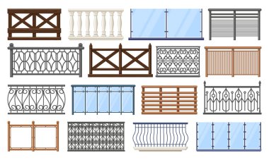 Balkon çiti. Tahta, taş ve paslanmaz çelik korkuluklar, izole edilmiş vektör çizimi seti. Bina balkon korkuluğu. Mimari tırabzan, metal ve cam.