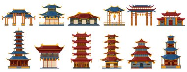 Çin geleneksel binaları. Geleneksel Asya binaları, pagoda kapısı, tapınak ve saray mirası illüstrasyon seti. Oryantal antik mimari. Pagoda porseleni, antik saray binası.