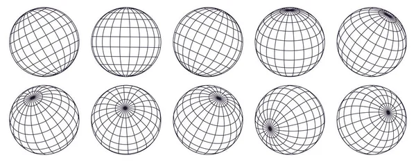 Globe Rutenett Sfærer Stripet Sfære Geometrinett Jordbredde Lengdegradslinje Rutenettets Vektorsett – stockvektor