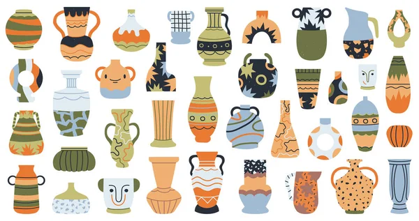 現代の陶器 セラミック磁器花瓶 手描き装飾磁器花瓶孤立ベクトルイラストセット 最小限のアンティーク陶器 ポットとジャグ 現代のアンフォラ瓶 — ストックベクタ