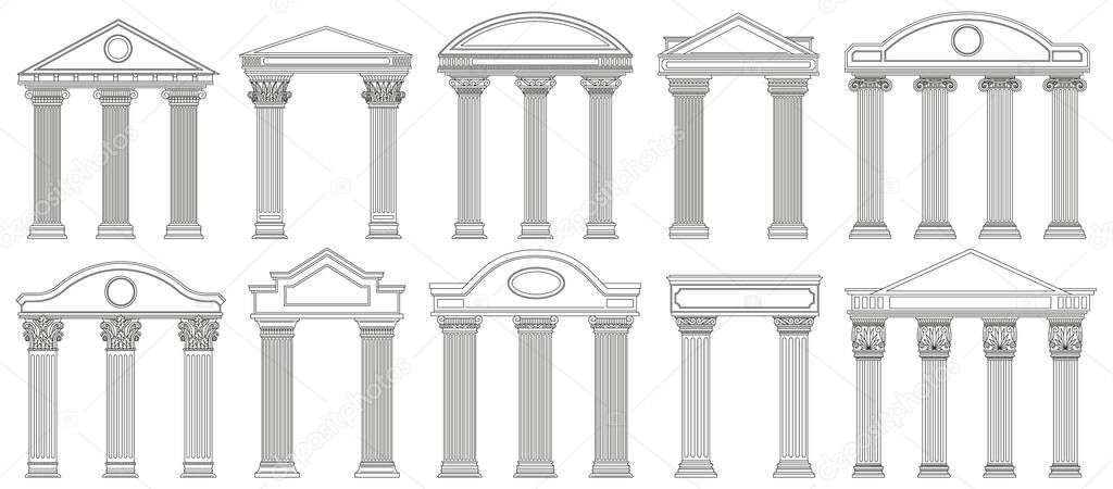 Ancient pediments. Greek and roman architecture temple facade with ancient pillars vector illustration set. Antique architectural pediments. Roman ancient vintage marble, greece facade architecture