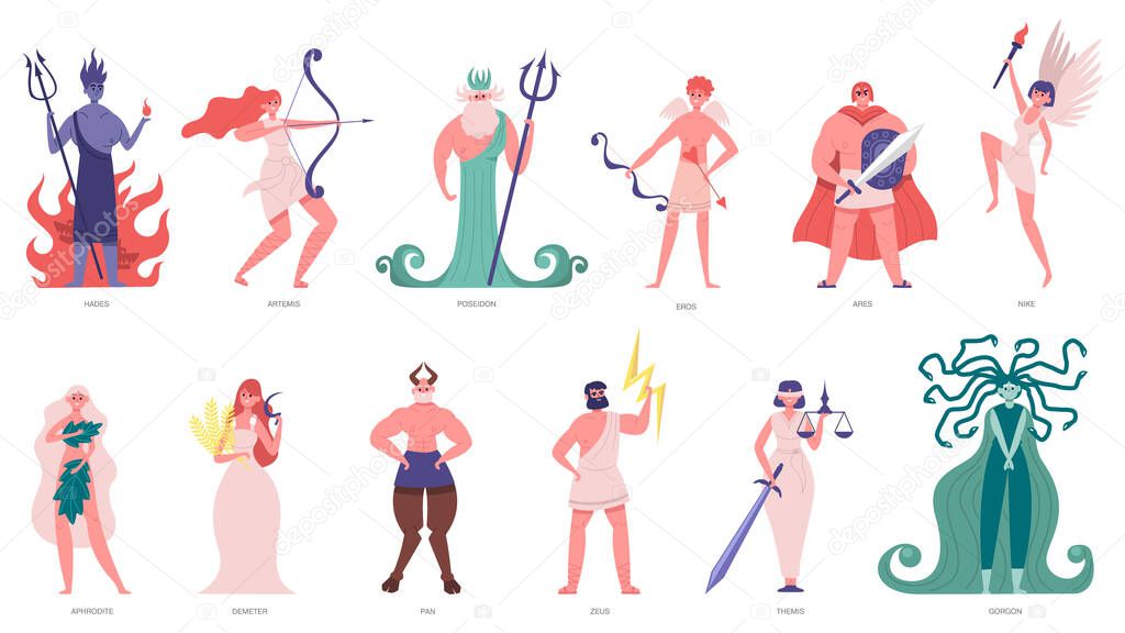 Greek gods and goddess. Olympic cartoon gods and heroes, poseidon, hades, zeus and hermes. Ancient mythology characters vector illustration set. Hades and nike, myth demeter and pan