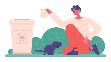 Köpeğin arkasını temizliyorum. Evcil hayvan sahibi, köpek temizliği, evcil hayvan bakımı. Sorumlu hayvan sahibi izole edilmiş vektör çizimi