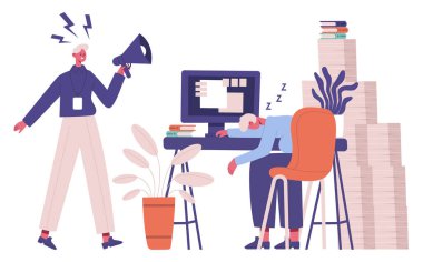 Tembel ofis çalışanı. Düzensiz yönetici rutin ofis işleri ve kızgın patron vektör çizimlerinden yoruldu. Uyuyan iş adamı karakteri