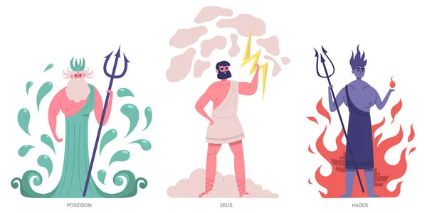 古代ギリシャの神々。オリンピックギリシャの主な強力な神々、ゼウス、ポセイドンとハデス。ギリシャ神話の神々ベクトル図セット — ストックベクタ