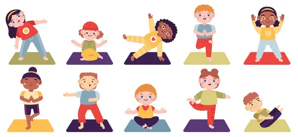 Дети йоги. Дети делают упражнения йоги, мальчики и девочки здоровый образ жизни изолированные векторные иллюстрации набор. Маленькие дети в разных асанах для йоги — стоковый вектор