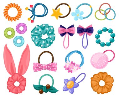 Hair rubber bands. Cartoon scrunchies, girlish beauty fashion hair accessories, elastic ponytails bands. Women hairdressing tools vector illustration set vector
