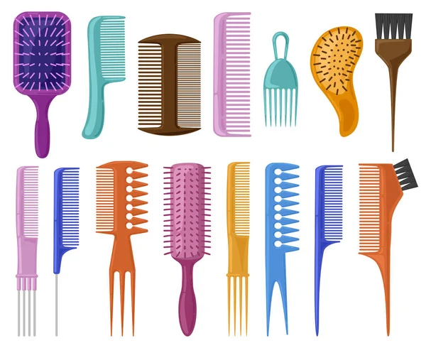 Cepillos de pelo de dibujos animados. cuidado del cabello peines de pelo de plástico, peinado de moda cepillo vector ilustración conjunto. accesorios de peluquería herramientas — Vector de stock