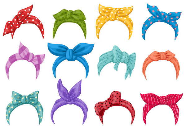 Cartoon retro headband bandanas. Women retro head bandana, fashion lady dressing headbands. Hairstyle fashion vintage headscarves vector illustration set