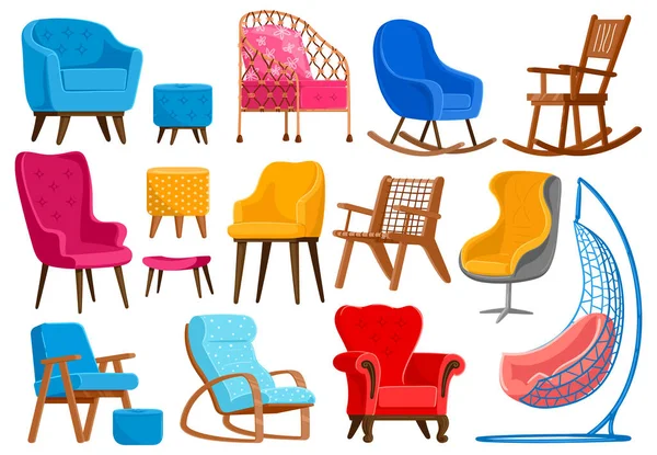 Cartoon Sessel. Moderne, komfortable Möbel, Wohnungseinrichtung oder Bürosessel Vektor Illustration Set. Raumdekoration Sessel Möbel — Stockvektor