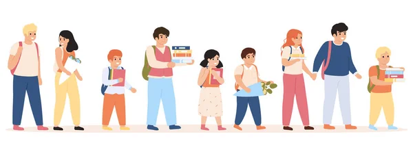 Gli alunni vanno a scuola. Bambini con zaini e libri diretti a scuola, studenti che camminano illustrazione vettoriale. Studenti di scuola maschile e femminile — Vettoriale Stock