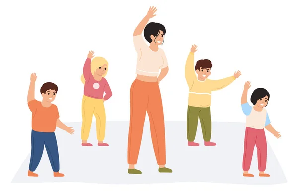 教師と子供の運動。就学前の先生は生徒と一緒に体操をする孤立ベクトルイラスト。幼稚園の体育 — ストックベクタ