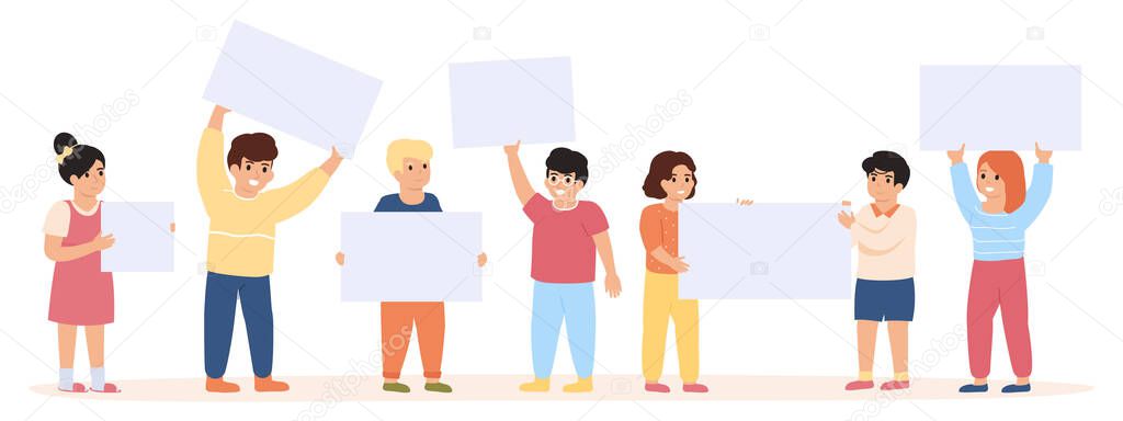 Children with banners. Little kids group holding empty placards isolated vector illustration. Boys and girls standing together with blank banners