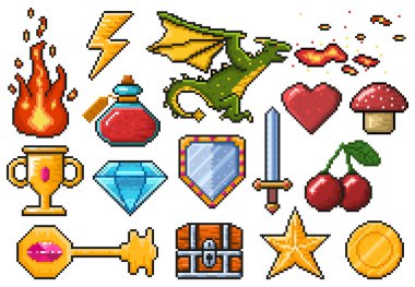 Piksel oyun unsurları. Sihirli eşyalar, ateş, kupa, para, ejderha ve zehirli vektör çizimi. Dijital pikselleştirilmiş 8 bit oyun sembolleri