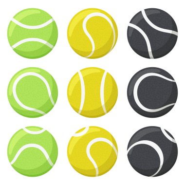 Tennis balls. Sport, fitness equipment, black, yellow and green tennis balls in various angles vector illustration set. Tennis game balls clipart