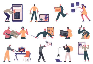 Siber suçlular. Hacker suç karakterleri, veri hırsızlığı, internet dolandırıcılığı ve vektör illüstrasyon sistemini hackleme seti. İnternet korsanlığı suçluları