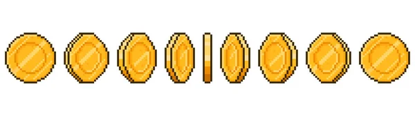 Pixel art mince animace. Hra ui zlaté mince rotační fáze, pixel hry peníze animované snímky vektorové ilustrace. Animace zlatých 8 bitových mincí — Stockový vektor