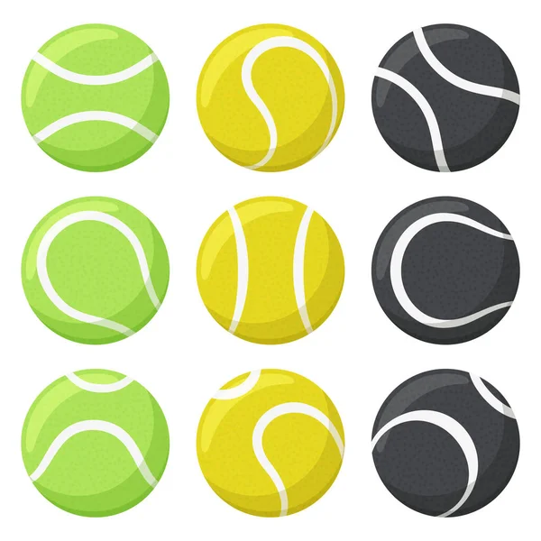 Bolas de ténis. Esporte, equipamento de fitness, bolas de tênis preto, amarelo e verde em vários ângulos conjunto de ilustrações vetoriais. Bolas de jogo de tênis —  Vetores de Stock