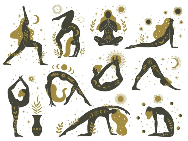 Mulheres mágicas de ioga. silhuetas femininas esotéricas místicas, conjunto de ilustrações de vetor de meninas meditantes minimalistas. Yoga conceito contemporâneo feminino —  Vetores de Stock
