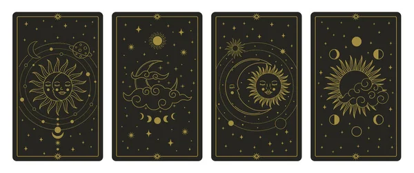 Maan en zon tarot kaarten. Mystieke hand getekend hemellichamen kaarten, magische tarot kaart vector illustratie set. Magische esoterische tarotkaarten — Stockvector
