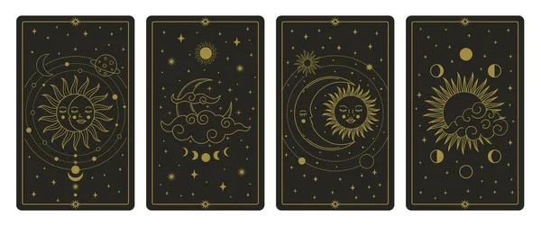 Ay ve güneş tarot kartları. Mistik el çizilmiş gök cisimleri kartları, sihirli tarot kartı çizimi. Sihirli gizemli tarot kartları