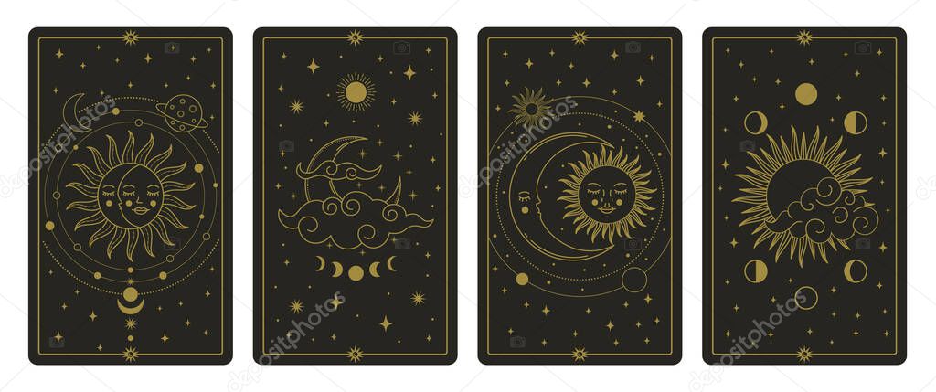 Moon and sun tarot cards. Mystical hand drawn celestial bodies cards, magic tarot card vector illustration set. Magical esoteric tarot cards
