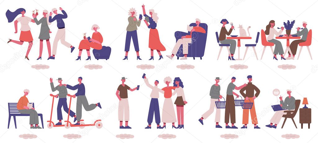 Extrovert and introvert characters. Sociable and uncommunicative psychological people types vector illustration set. Active and calm men and women characters