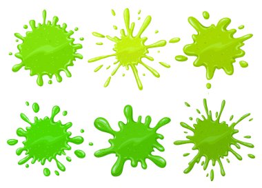 Cartoon green blots. Halloween dripping sticky alien slime splatter isolated vector illustration set. Green sticky slime splatter clipart