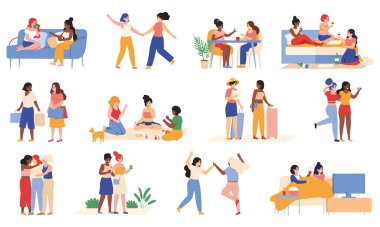 Genç kız arkadaşlar. Kadın arkadaşlar birlikte yürür, sohbet eder ve seyahat eder. Kız aktiviteleri vektör illüstrasyon seti. Mutlu bayan arkadaşlar.