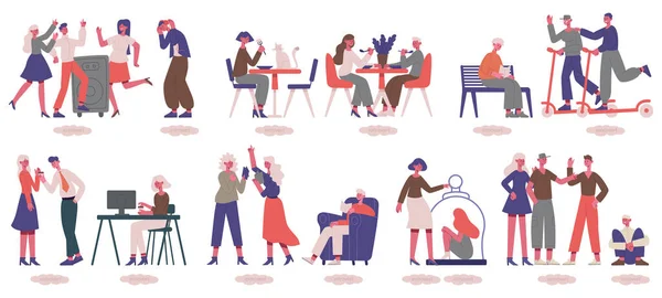 Présentez et extravertissez les gens. Hommes et femmes insociables et sociables, différents types psychologiques vectoriels ensemble d'illustration. Caractères extravertis et introvertis — Image vectorielle