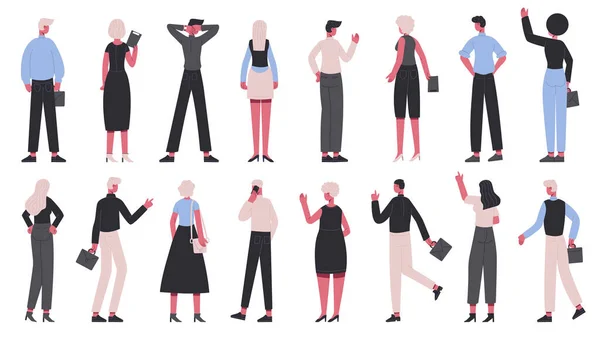 Achteraanzicht zakelijke personages. Kantoormedewerkers bekijken van achteren, mannen en vrouwen achterzijde vector illustratie set. Zakenmensen terug te zien — Stockvector